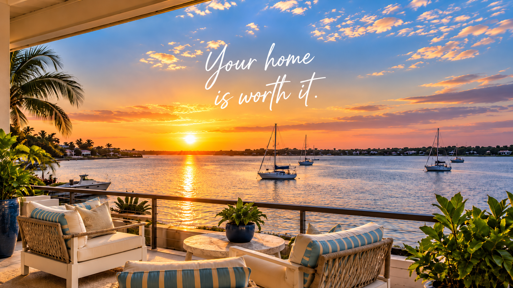 Luxury waterfront home at dusk — Worth Home Management